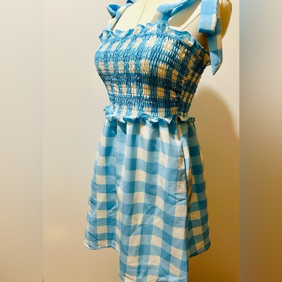 AS U WISH blue & white gingham checkered shoulder tie dress - Picture 4 of 6